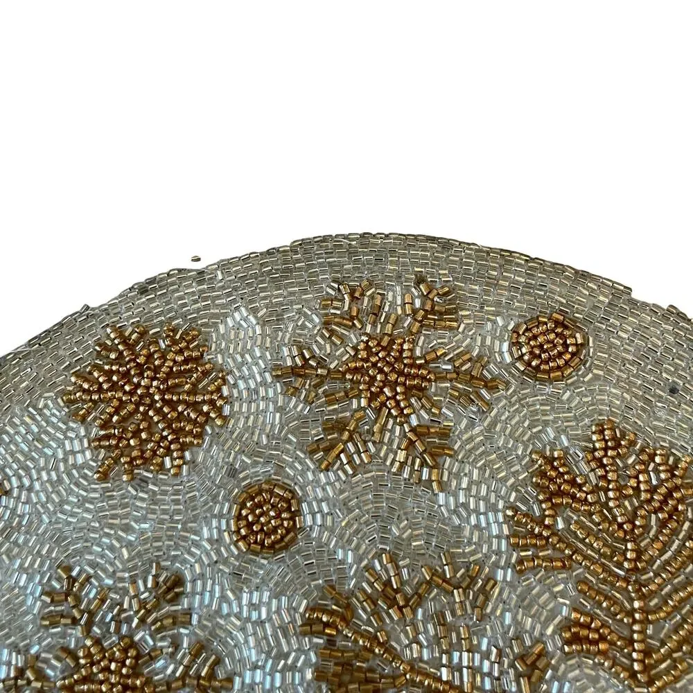 Nicole Miller 15in Beaded Christmas Placemat Holiday Snowflakes Gold & White New